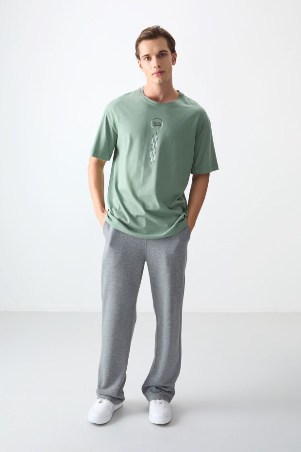 Açık Yeşil %100 Pamuk Kalın Yumuşak Dokulu Oversize Fit Baskılı Erkek T-Shirt - 88355 - 5