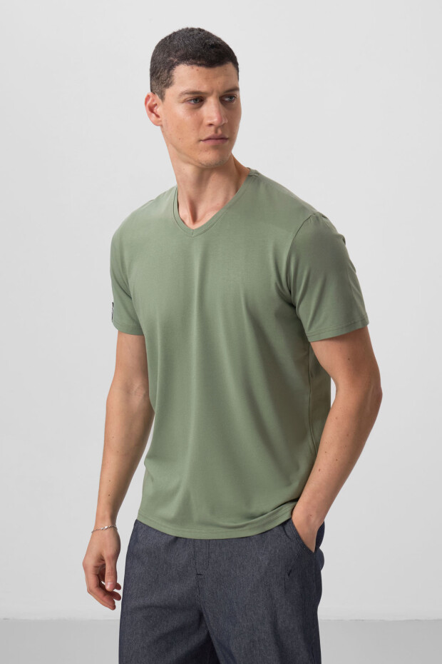Açık Yeşil Basic Kısa Kol Standart Kalıp V Yaka Erkek T-Shirt - 87912 - 5