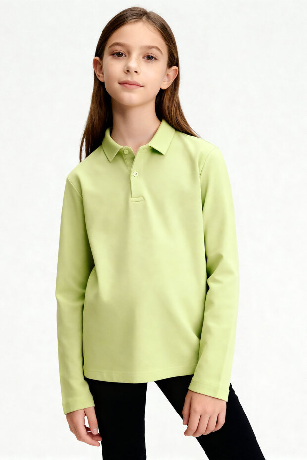 Açık Yeşil Polo Yaka Basic Uzun Kollu Unisex Çocuk T-Shirt - 11170 - 3