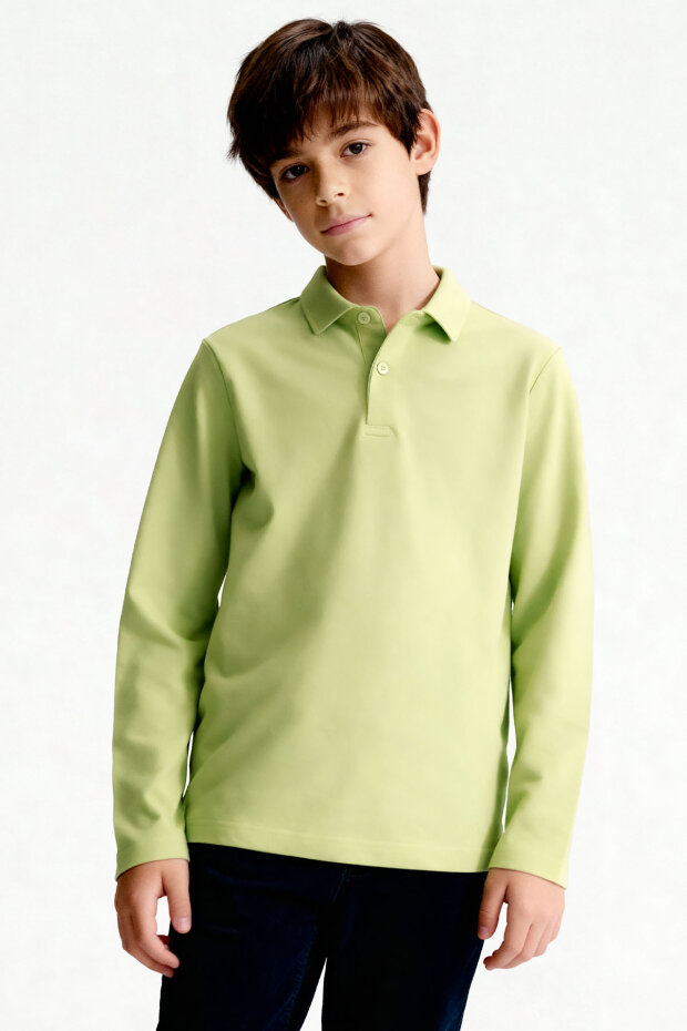 Açık Yeşil Polo Yaka Basic Uzun Kollu Unisex Çocuk T-Shirt - 11170 - 2