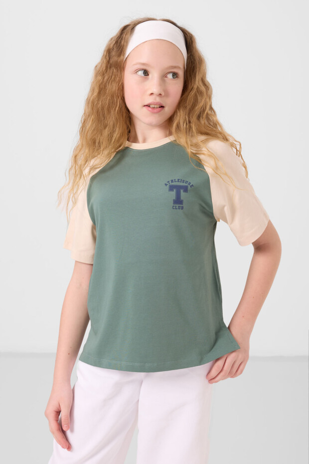 Açık Yeşil O Yaka Pamuklu Baskılı Rahat Form Fit Kız Çocuk T-Shirt - 75179 - 3