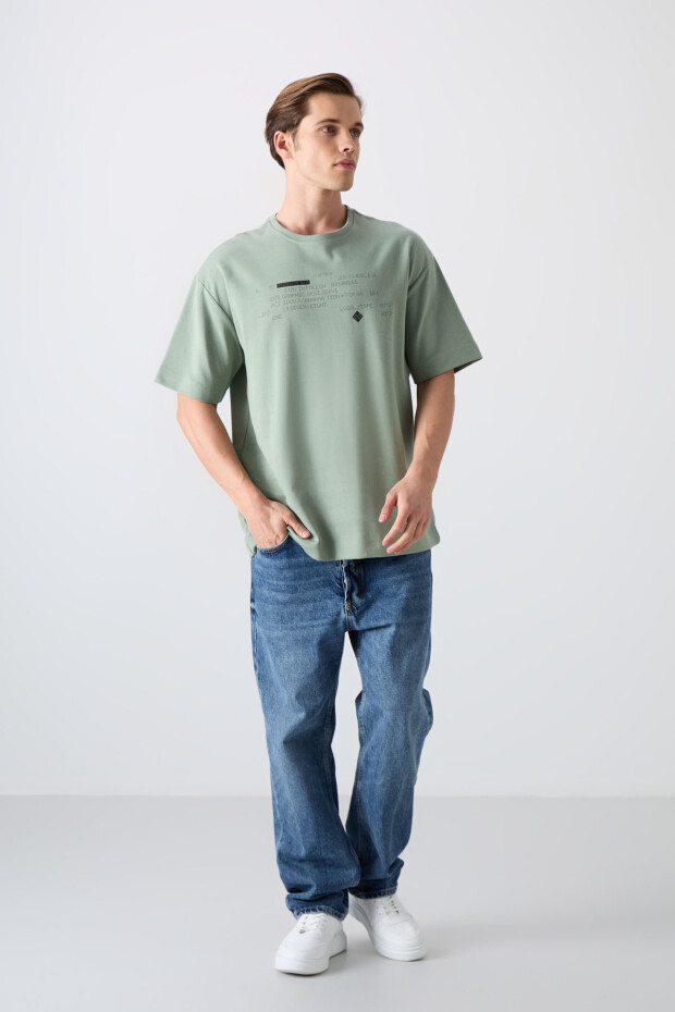 Açık Yeşil Pamuk Kalın Yumuşak Dokulu Oversize Fit Baskılı Erkek T-Shirt - 88326 - 2