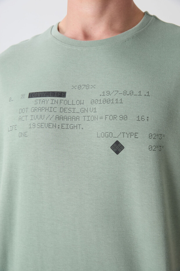 Açık Yeşil Pamuk Kalın Yumuşak Dokulu Oversize Fit Baskılı Erkek T-Shirt - 88326 - 3