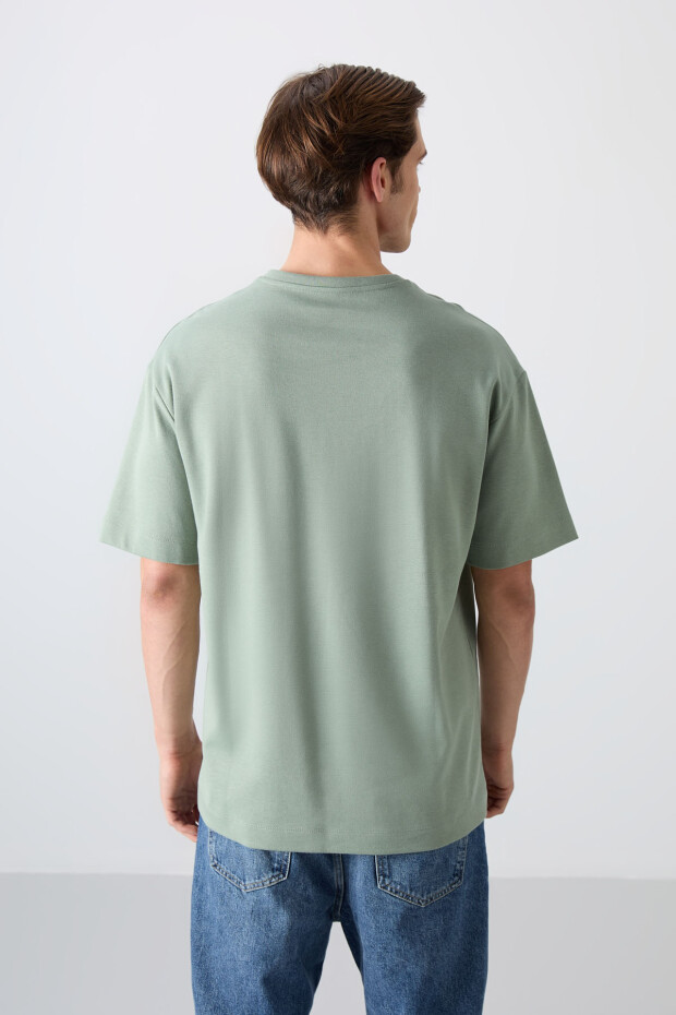 Açık Yeşil Pamuk Kalın Yumuşak Dokulu Oversize Fit Baskılı Erkek T-Shirt - 88326 - 5