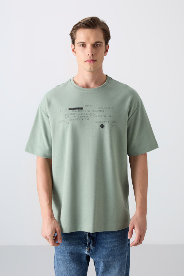 Açık Yeşil Pamuk Kalın Yumuşak Dokulu Oversize Fit Baskılı Erkek T-Shirt - 88326 - 4