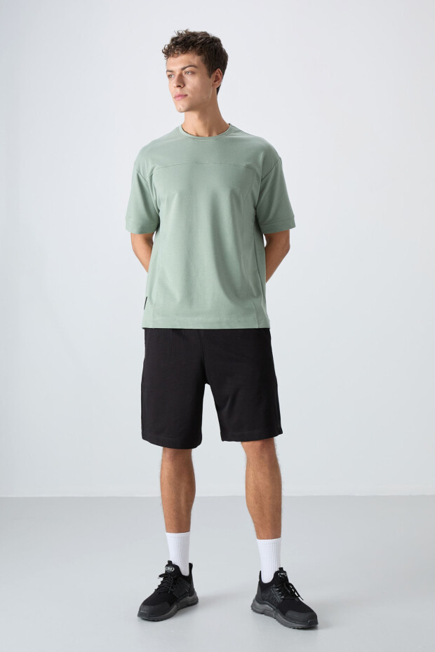 Açık Yeşil Pamuklu Kalın Yumuşak Dokulu Oversize Fit Basic Erkek T-Shirt - 88349 - 2