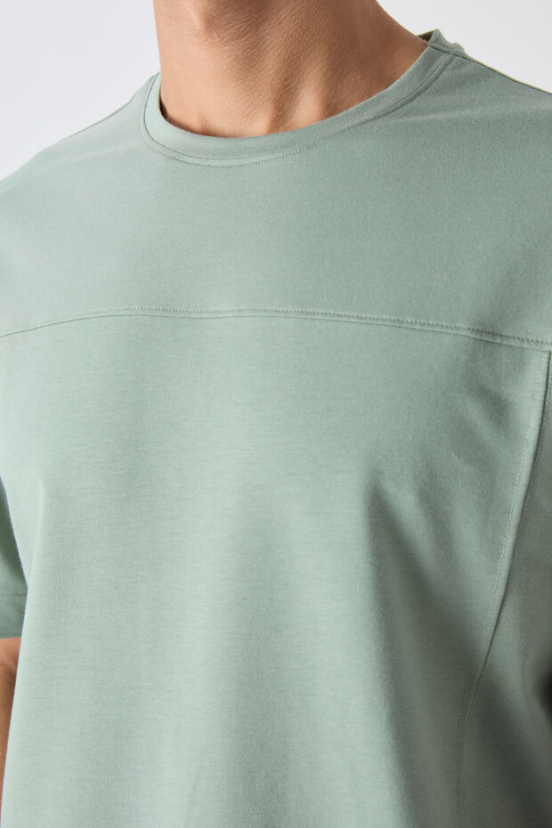 Açık Yeşil Pamuklu Kalın Yumuşak Dokulu Oversize Fit Basic Erkek T-Shirt - 88349 - 3