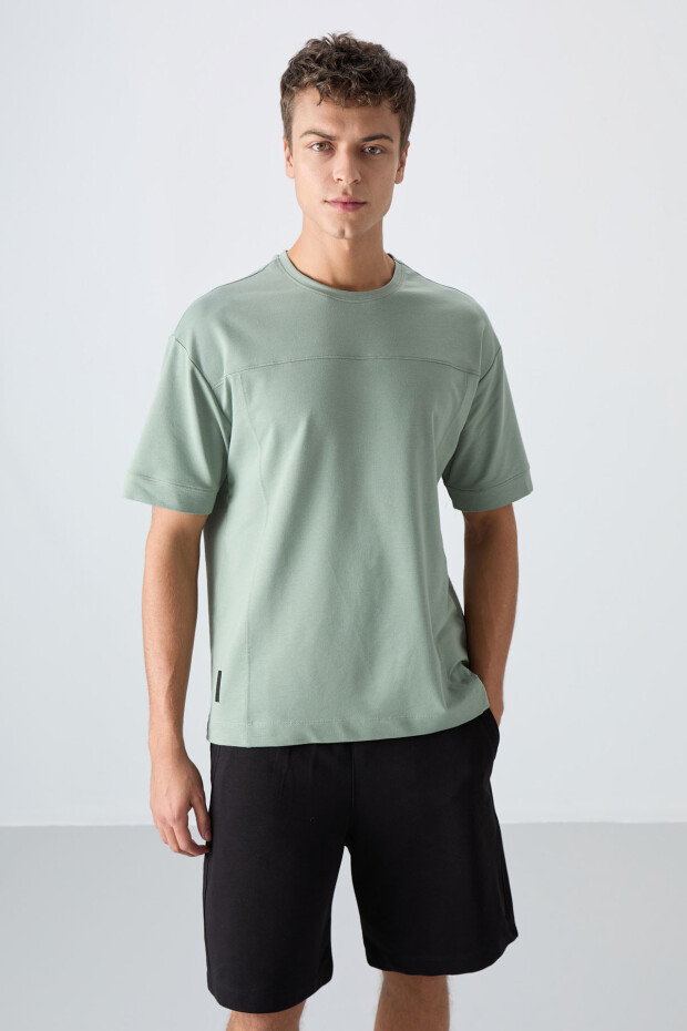 Açık Yeşil Pamuklu Kalın Yumuşak Dokulu Oversize Fit Basic Erkek T-Shirt - 88349 - 1