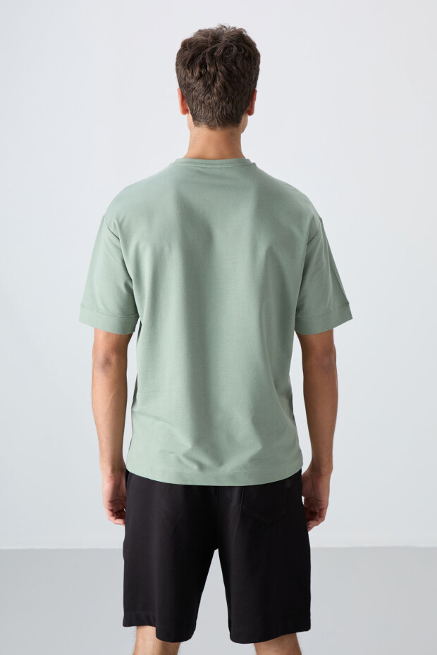 Açık Yeşil Pamuklu Kalın Yumuşak Dokulu Oversize Fit Basic Erkek T-Shirt - 88349 - 5