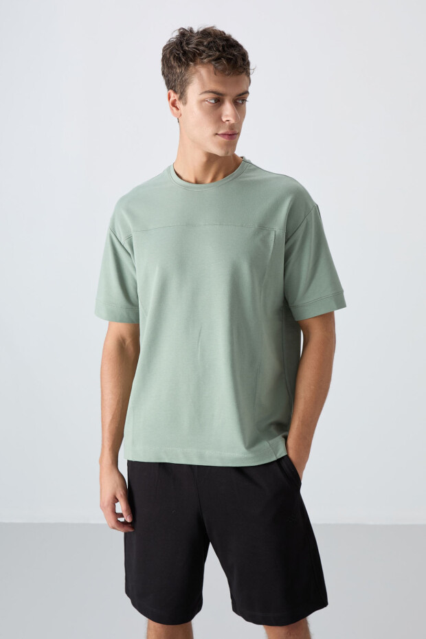 Açık Yeşil Pamuklu Kalın Yumuşak Dokulu Oversize Fit Basic Erkek T-Shirt - 88349 - 4