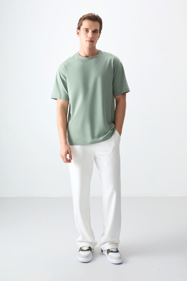 Açık Yeşil Pamuklu Kalın Yumuşak Dokulu Oversize Fit Basic Erkek T-Shirt - 88377 - 3