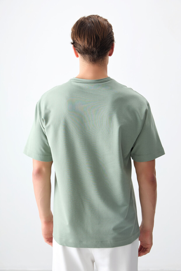 Açık Yeşil Pamuklu Kalın Yumuşak Dokulu Oversize Fit Basic Erkek T-Shirt - 88377 - 8
