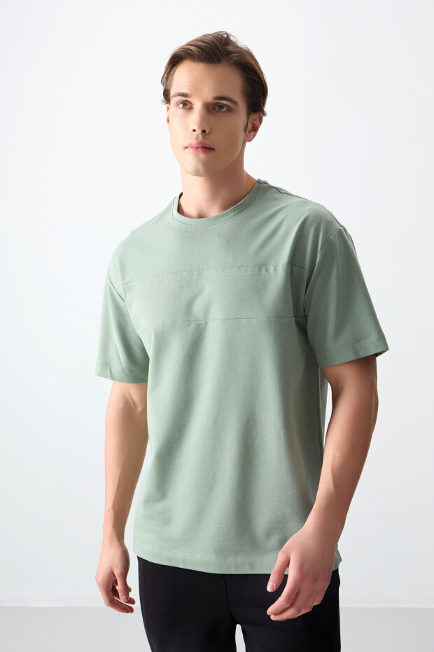 Açık Yeşil Pamuklu Kalın Yumuşak Dokulu Oversize Fit Basic Erkek T-Shirt - 88378 - 2