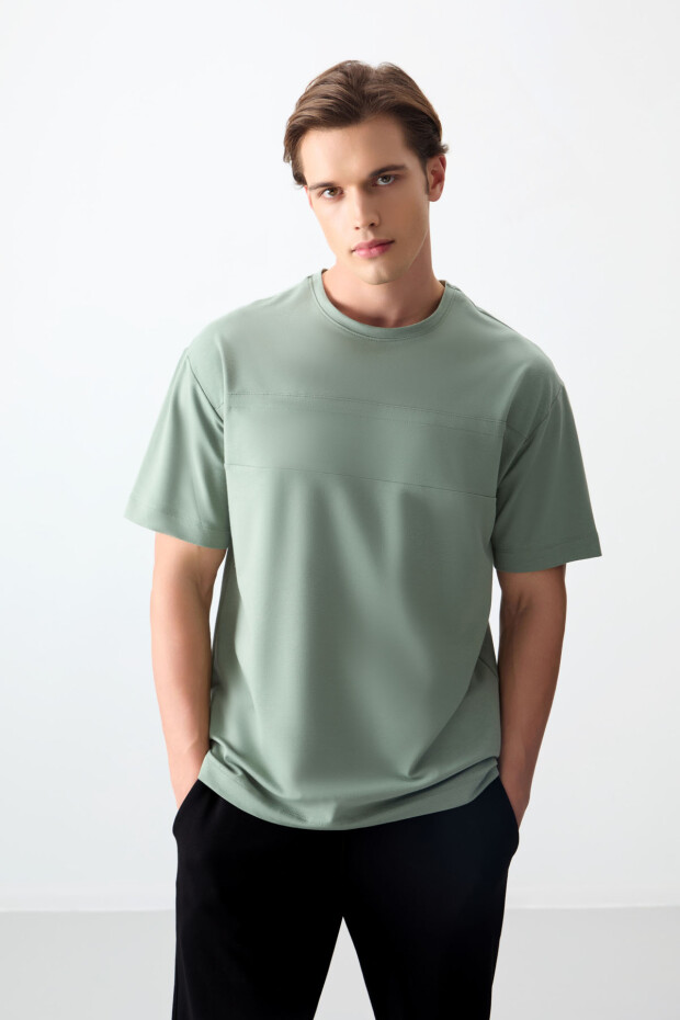 Açık Yeşil Pamuklu Kalın Yumuşak Dokulu Oversize Fit Basic Erkek T-Shirt - 88378 - 1