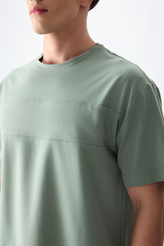 Açık Yeşil Pamuklu Kalın Yumuşak Dokulu Oversize Fit Basic Erkek T-Shirt - 88378 - 4