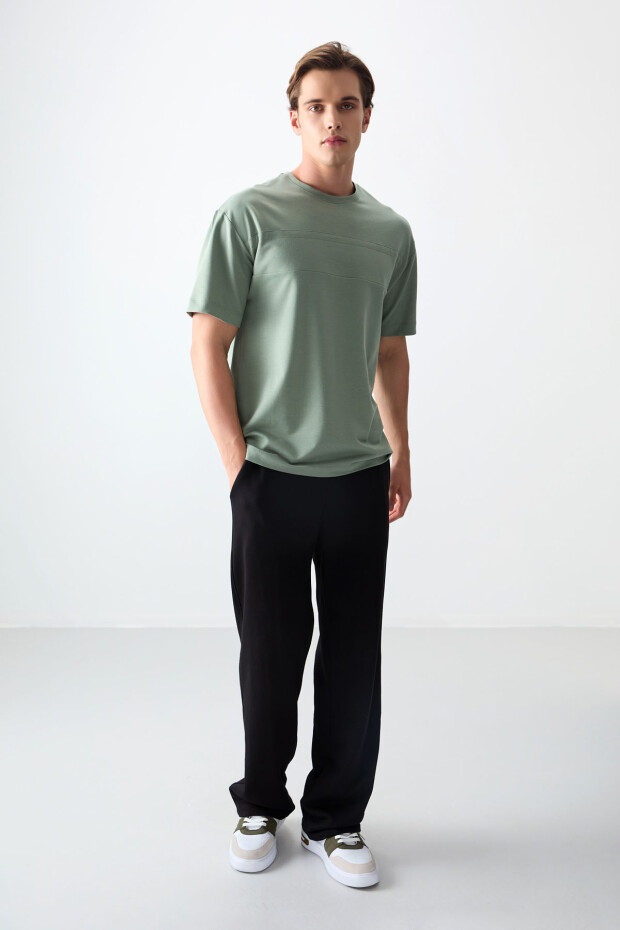 Açık Yeşil Pamuklu Kalın Yumuşak Dokulu Oversize Fit Basic Erkek T-Shirt - 88378 - 3