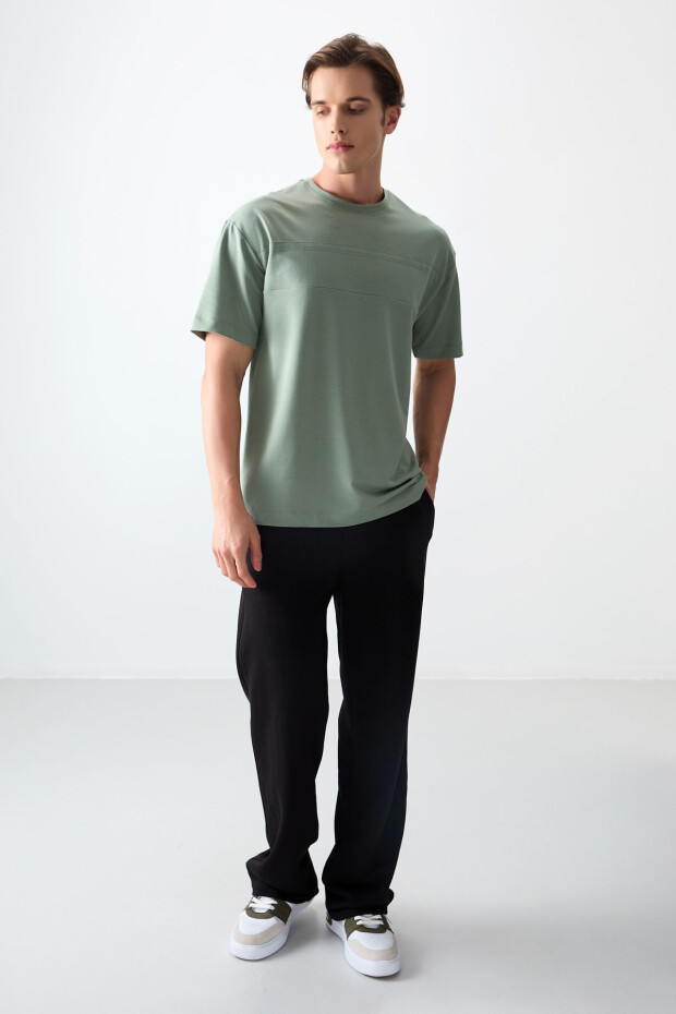 Açık Yeşil Pamuklu Kalın Yumuşak Dokulu Oversize Fit Basic Erkek T-Shirt - 88378 - 5