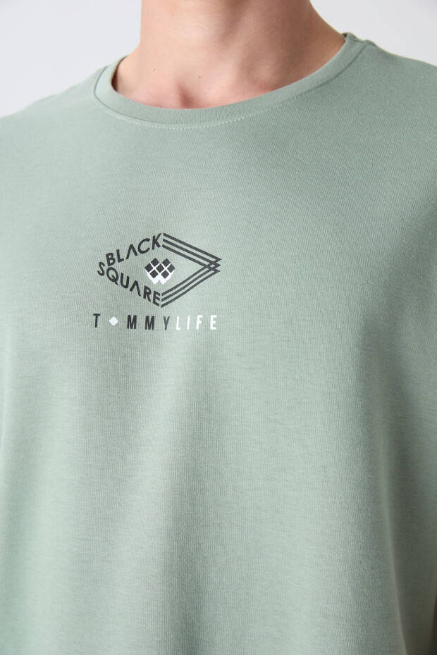 Açık Yeşil Pamuklu Kalın Yumuşak Dokulu Oversize Fit Baskılı Erkek T-Shirt - 88325 - 3