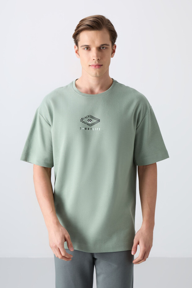Açık Yeşil Pamuklu Kalın Yumuşak Dokulu Oversize Fit Baskılı Erkek T-Shirt - 88325 - 4