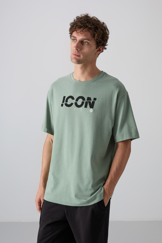 Açık Yeşil Pamuklu Kalın Yumuşak Dokulu Oversize Fit Baskılı Erkek T-Shirt - 88331 - 4