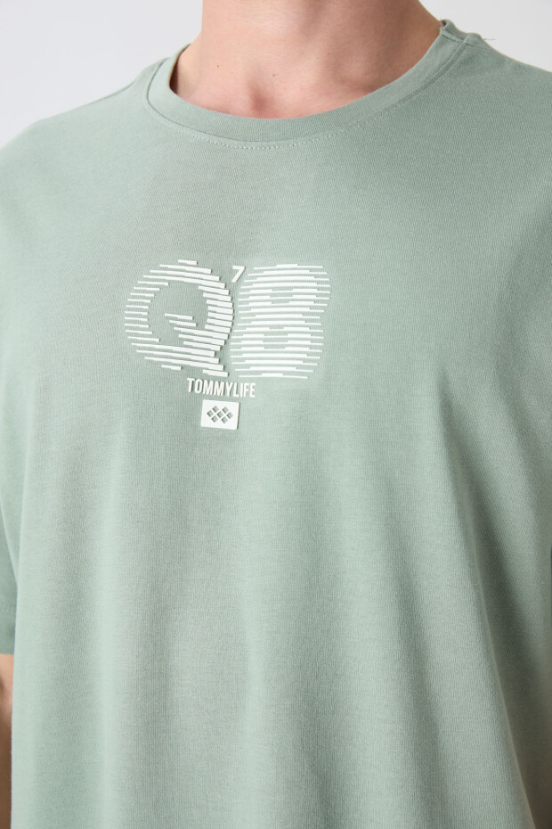 Açık Yeşil Pamuklu Kalın Yumuşak Dokulu Oversize Fit Baskılı Erkek T-Shirt - 88333 - 3