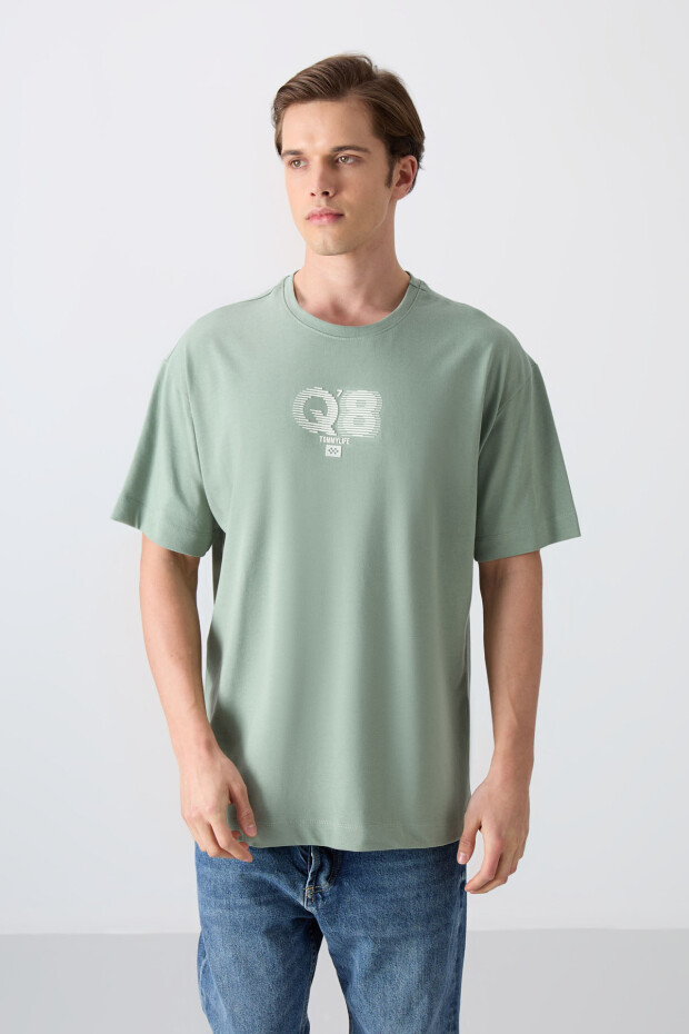 Açık Yeşil Pamuklu Kalın Yumuşak Dokulu Oversize Fit Baskılı Erkek T-Shirt - 88333 - 1