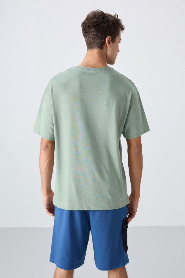 Açık Yeşil Pamuklu Kalın Yumuşak Dokulu Oversize Fit Baskılı Erkek T-Shirt - 88334 - 5