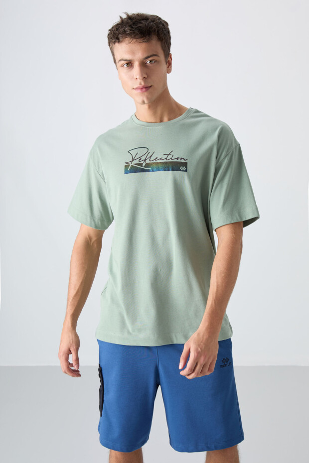 Açık Yeşil Pamuklu Kalın Yumuşak Dokulu Oversize Fit Baskılı Erkek T-Shirt - 88334 - 4
