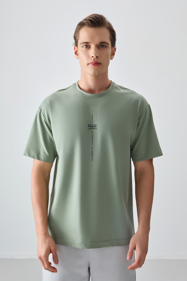 Açık Yeşil Pamuklu Kalın Yumuşak Dokulu Oversize Fit Baskılı Erkek T-Shirt - 88373 - 1