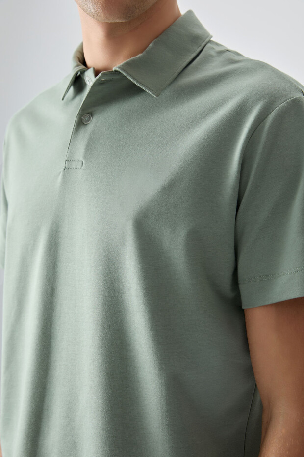 Açık Yeşil Pamuklu Kalın Yumuşak Dokulu Polo Yaka Oversize Fit Basic Erkek T-Shirt - 88381 - 2
