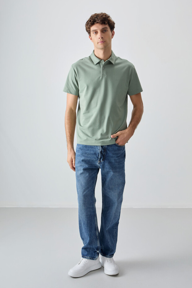 Açık Yeşil Pamuklu Kalın Yumuşak Dokulu Polo Yaka Oversize Fit Basic Erkek T-Shirt - 88381 - 3