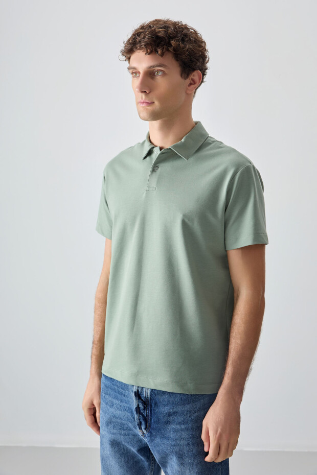 Açık Yeşil Pamuklu Kalın Yumuşak Dokulu Polo Yaka Oversize Fit Basic Erkek T-Shirt - 88381 - 4