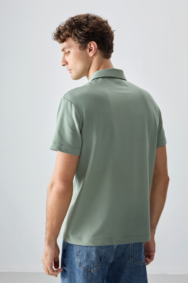 Açık Yeşil Pamuklu Kalın Yumuşak Dokulu Polo Yaka Oversize Fit Basic Erkek T-Shirt - 88381 - 5