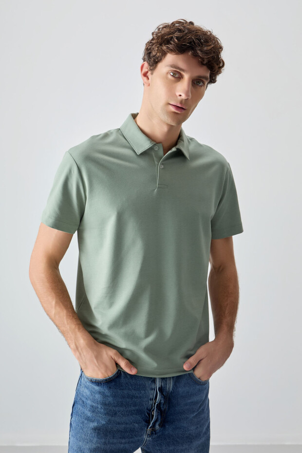 Açık Yeşil Pamuklu Kalın Yumuşak Dokulu Polo Yaka Oversize Fit Basic Erkek T-Shirt - 88381 - 1