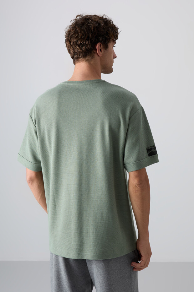Açık Yeşil Pamuklu Kalın Yüzeyi Dokulu Oversize Fit Basic Erkek T-Shirt - 88339 - 6