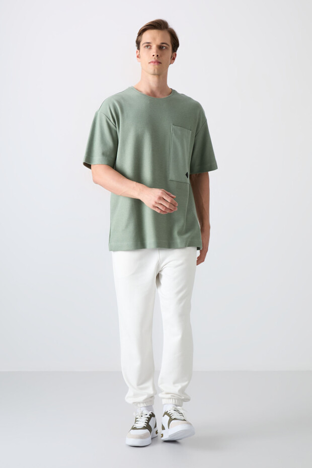 Açık Yeşil Pamuklu Kalın Yüzeyi Dokulu Oversize Fit Basic Erkek T-Shirt - 88341 - 2