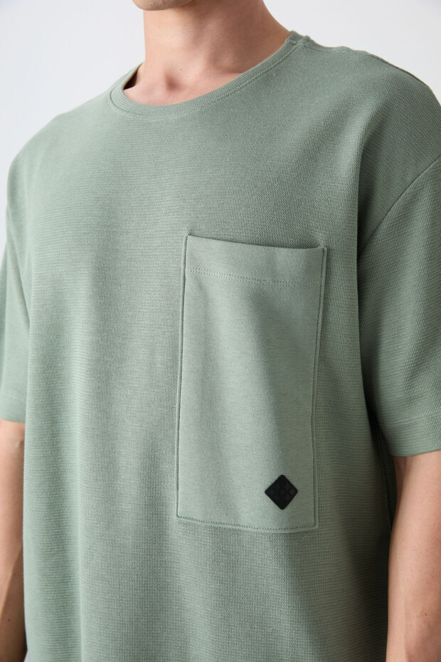 Açık Yeşil Pamuklu Kalın Yüzeyi Dokulu Oversize Fit Basic Erkek T-Shirt - 88341 - 3