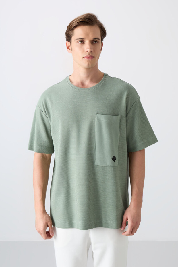 Açık Yeşil Pamuklu Kalın Yüzeyi Dokulu Oversize Fit Basic Erkek T-Shirt - 88341 - 4