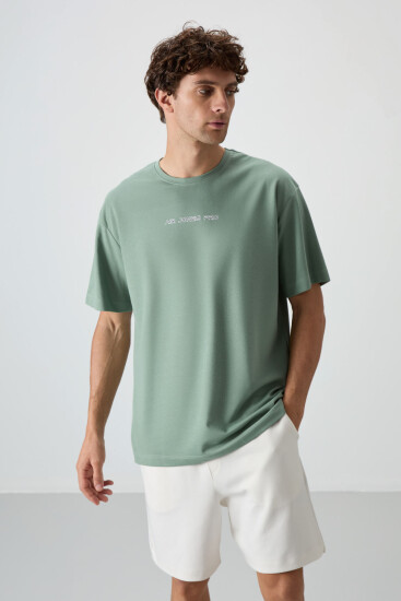 Açık Yeşil Pamuklu Kalın Yüzeyi Dokulu Oversize Fit Baskılı Erkek T-Shirt - 88364 