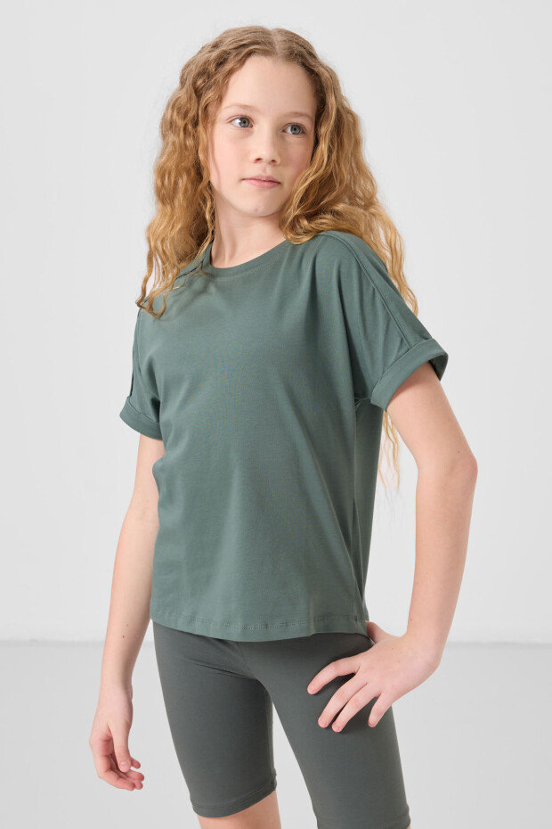 Açık Yeşil Pamuklu O Yaka Standart Kalıp Basic Kız Çocuk T-Shirt - 75182 - 3