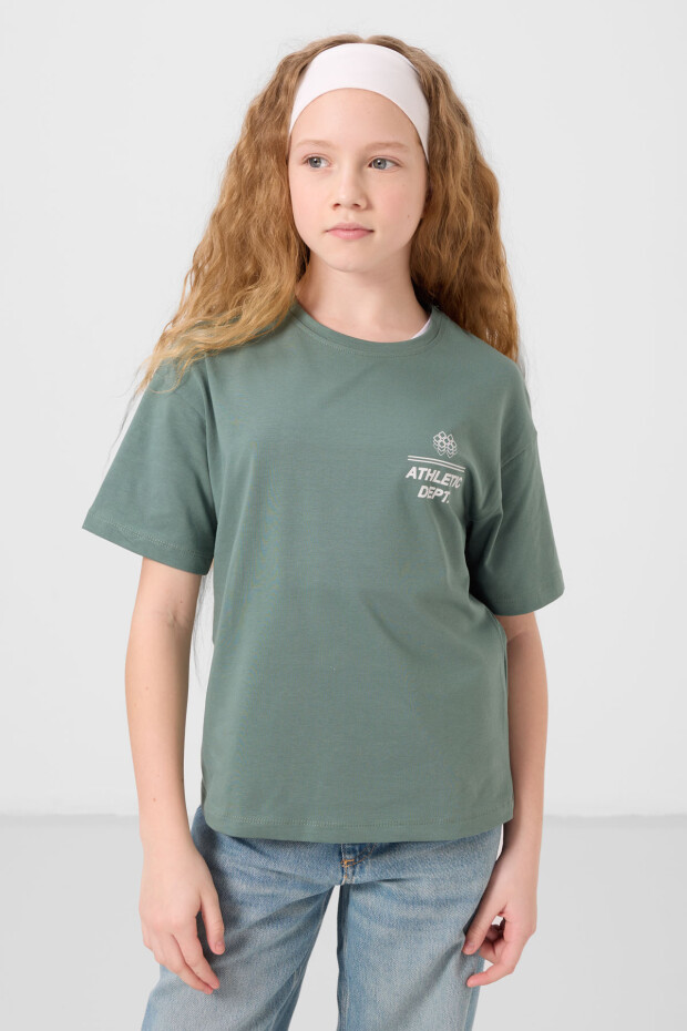 Açık Yeşil Pamuklu O Yaka Rahat Form Fit Baskılı Kız Çocuk T-Shirt - 75178 - 3