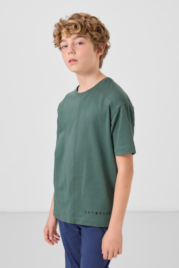 Açık Yeşil Pamuklu Yumuşak Dokulu Oversize Basic Erkek Çocuk T-Shirt - 11297 - 4