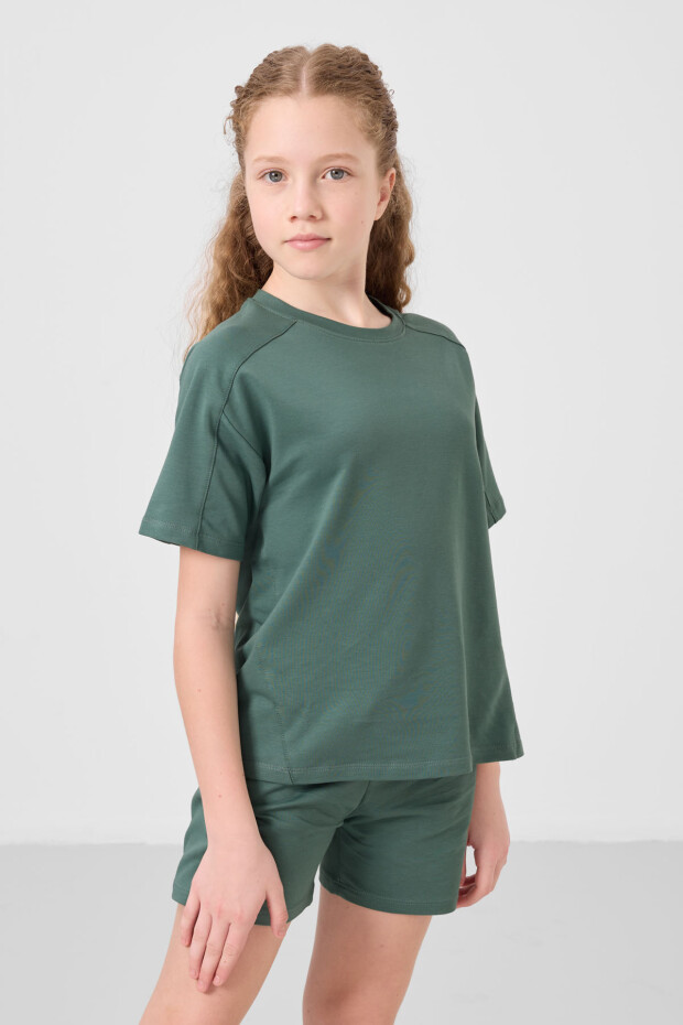 Açık Yeşil Pamuklu Yumuşak Dokulu Standart Fit Basic Kız Çocuk Şort Takım - 75184 - 3