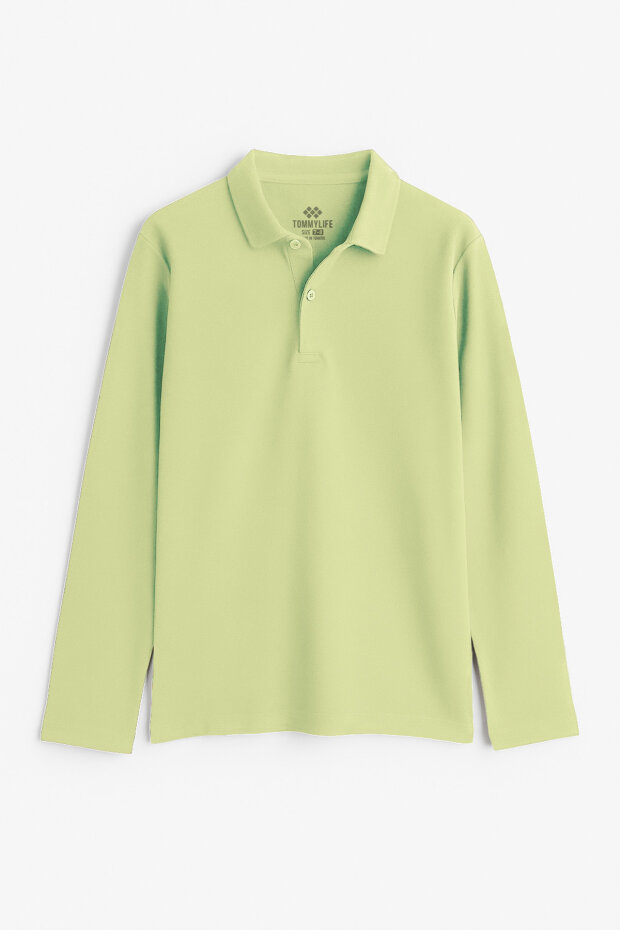 Açık Yeşil Polo Yaka Basic Uzun Kollu Unisex Çocuk T-Shirt - 11170 - 1