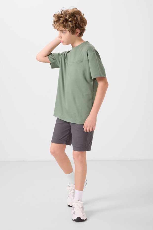Açık Yeşil-Antrasit Pamuklu Oversize Fit Dokuma Hafif Esnek Chino Erkek Çocuk Şort Takım - 11279 - 3