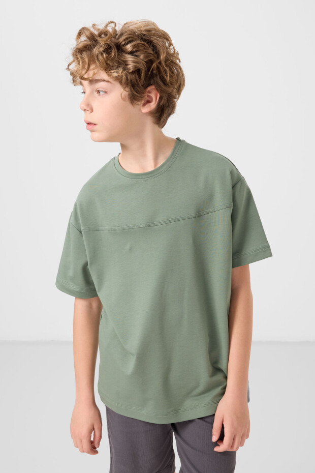 Açık Yeşil-Antrasit Pamuklu Oversize Fit Dokuma Hafif Esnek Chino Erkek Çocuk Şort Takım - 11279 - 5