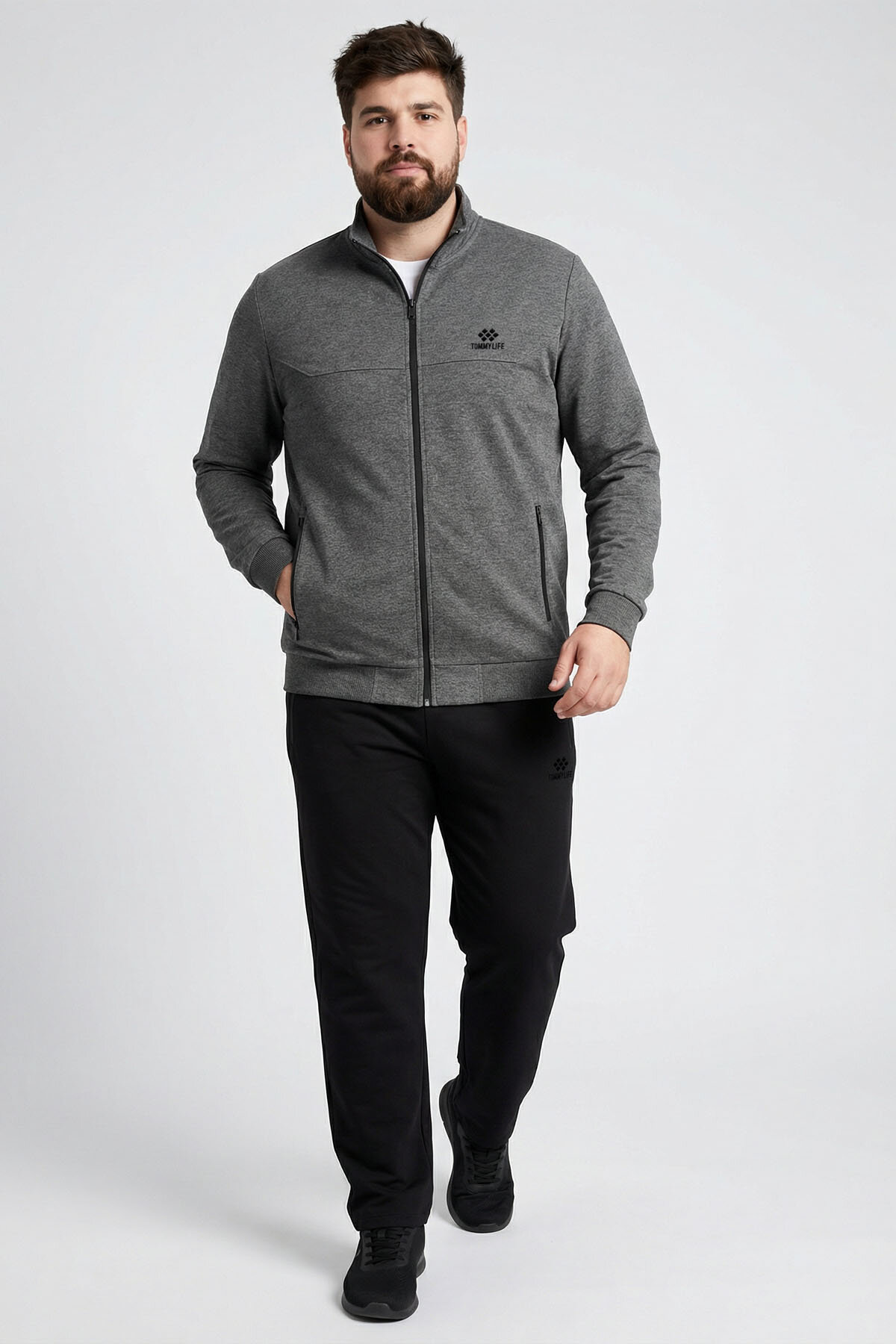 Antrasit Melanj - Siyah Dik Yaka Battal Büyük Beden Erkek Eşofman Takım - 85176 - TOMMYLIFE