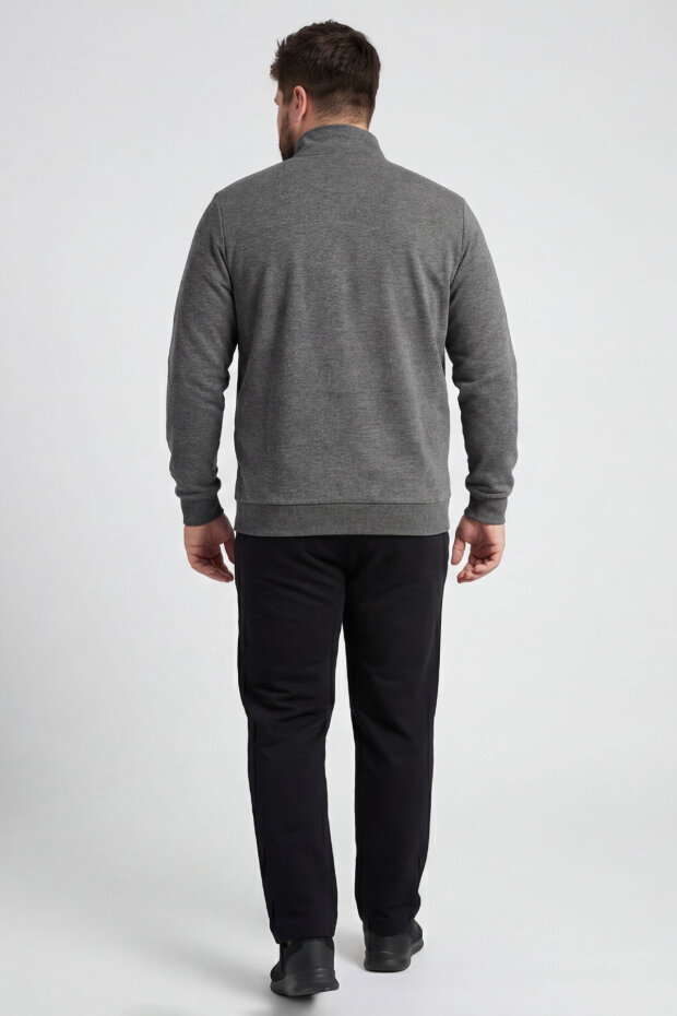 Antrasit Melanj - Siyah Dik Yaka Battal Büyük Beden Erkek Eşofman Takım - 85176 - 4