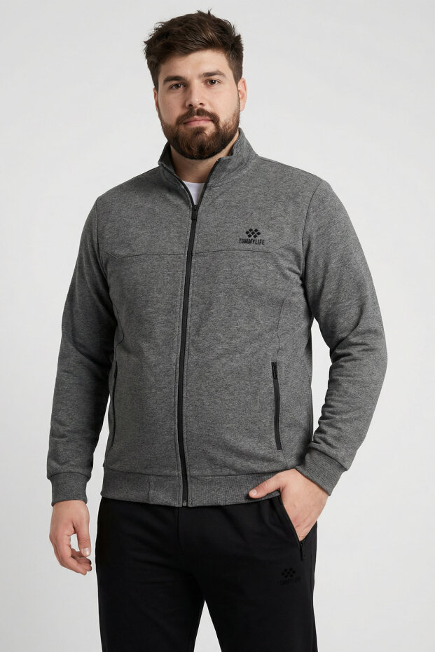 Antrasit Melanj - Siyah Dik Yaka Battal Büyük Beden Erkek Eşofman Takım - 85176 - 3