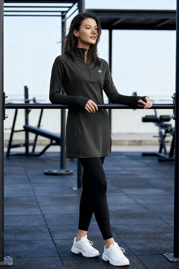 Antrasit Yarım Fermuarlı Dik Yaka Standart Kalıp Kadın Sporcu Tunik - 97309 - 4